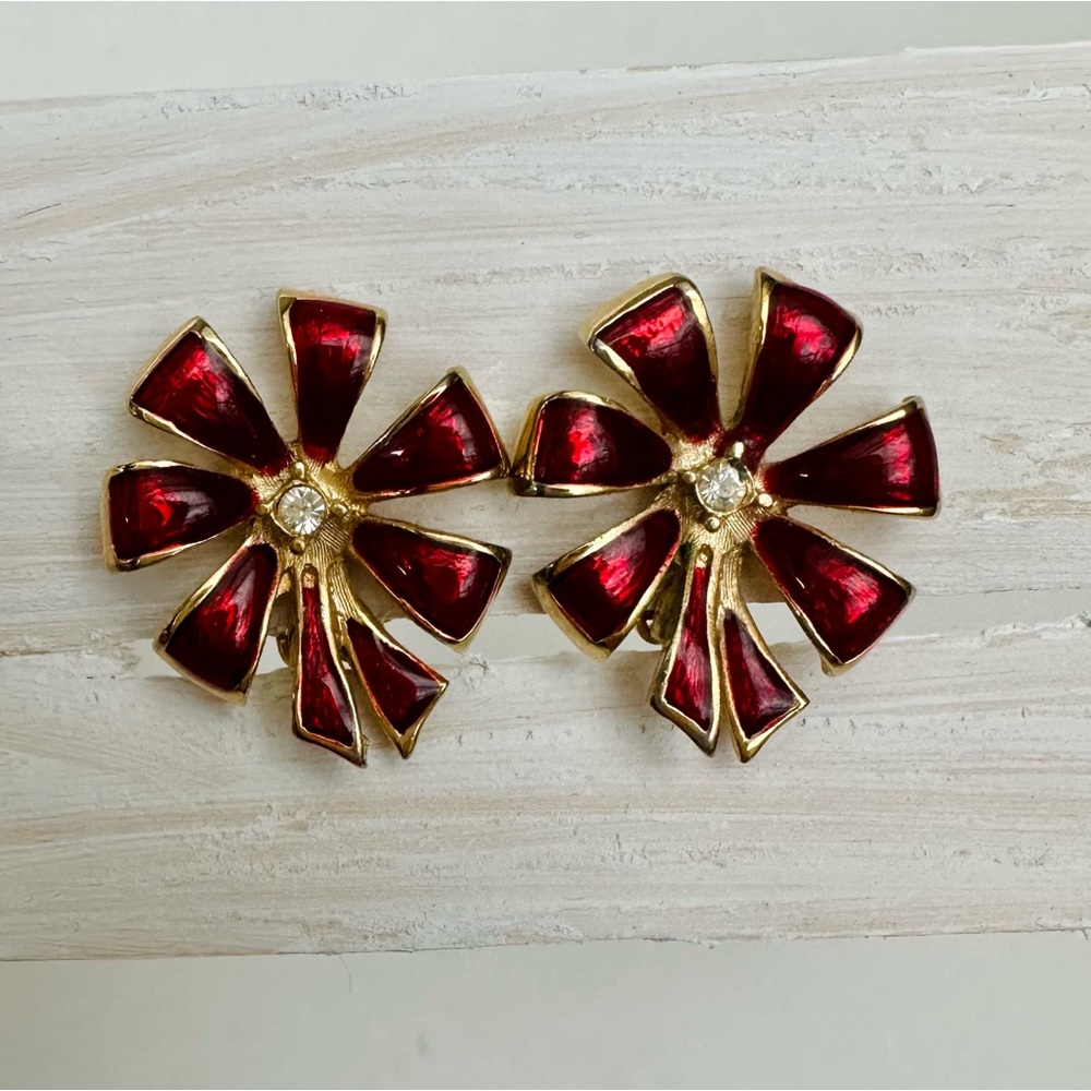 Vintage LIA SOPHIA Red & Gold Statement Flower Clip On Earrings